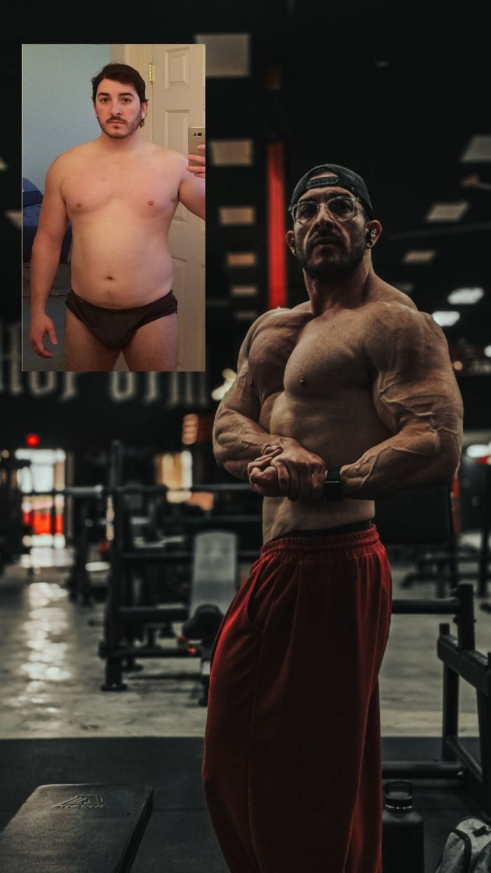 Adam in 2016, inset, and in 2026 hitting a side chest in the gym